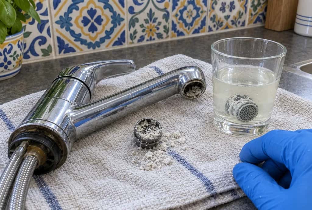 Grifo de cocina desmontado con el aireador lleno de cal y otro en remojo en vinagre