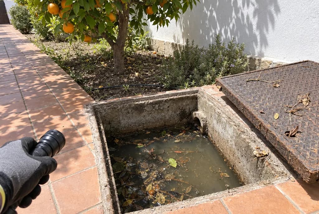 Arqueta de jardín abierta con agua estancada y hojas junto a un naranjo