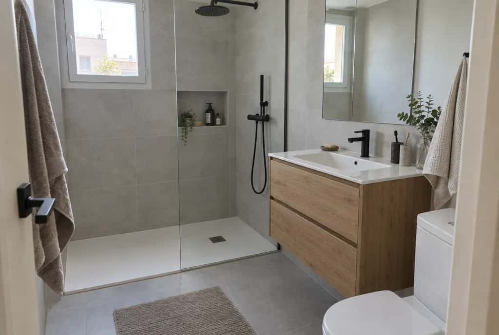 Baño reformado con ducha a ras de suelo, mampara fija y mueble de madera