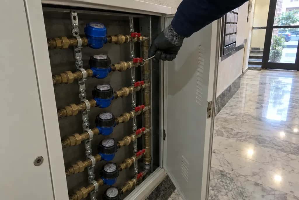 Batería de contadores de agua en el portal de una finca, con una llave de corte girándose