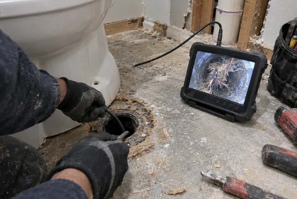 Cámara de inspección dentro del desagüe de un inodoro, con raíces en la pantalla