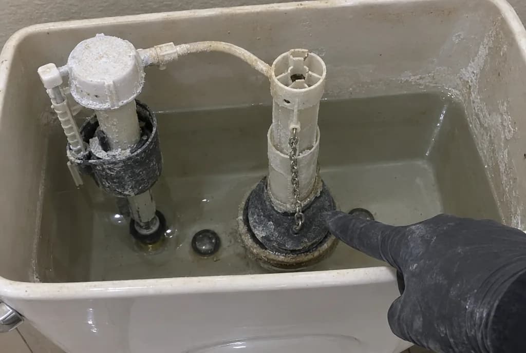 Interior de una cisterna con el grifo de llenado y la válvula de descarga cubiertos de cal