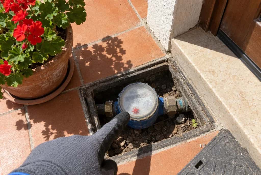 Contador de agua en una arqueta de entrada con el indicador de fuga girando