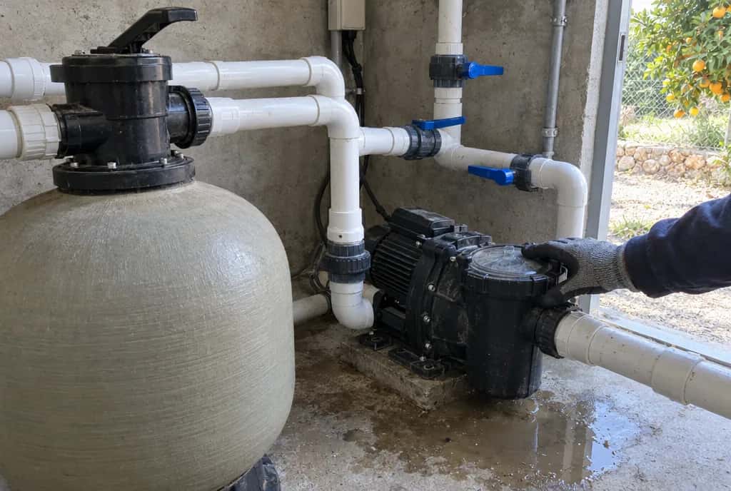 Sala de depuración de una piscina con el filtro de arena, la bomba y las llaves