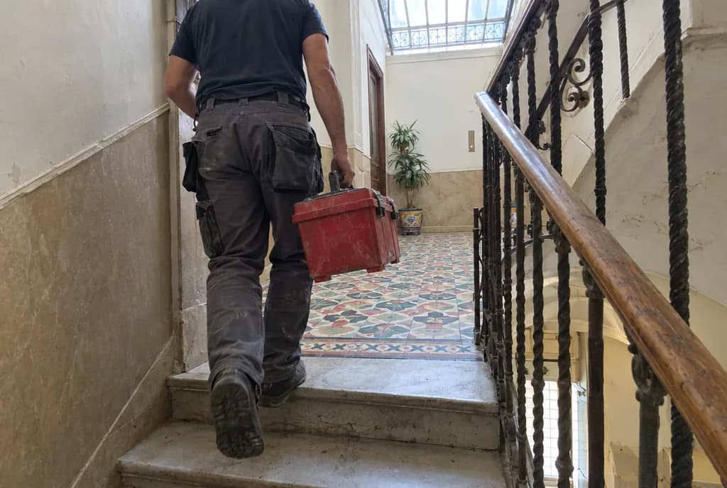Fontanero de espaldas subiendo con la caja de herramientas por la escalera de una finca antigua con suelo hidráulico