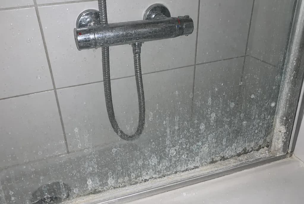 Grifo termostático y mampara de ducha con manchas y costra de cal