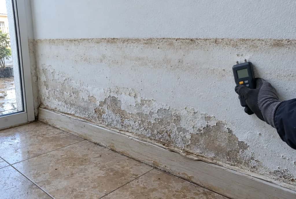 Pared de una planta baja con la marca del nivel que alcanzó el agua y un medidor de humedad