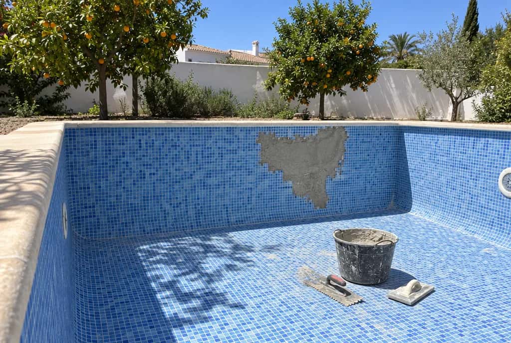 Piscina vacía con un parche sin gresite y el material de reparación en el fondo