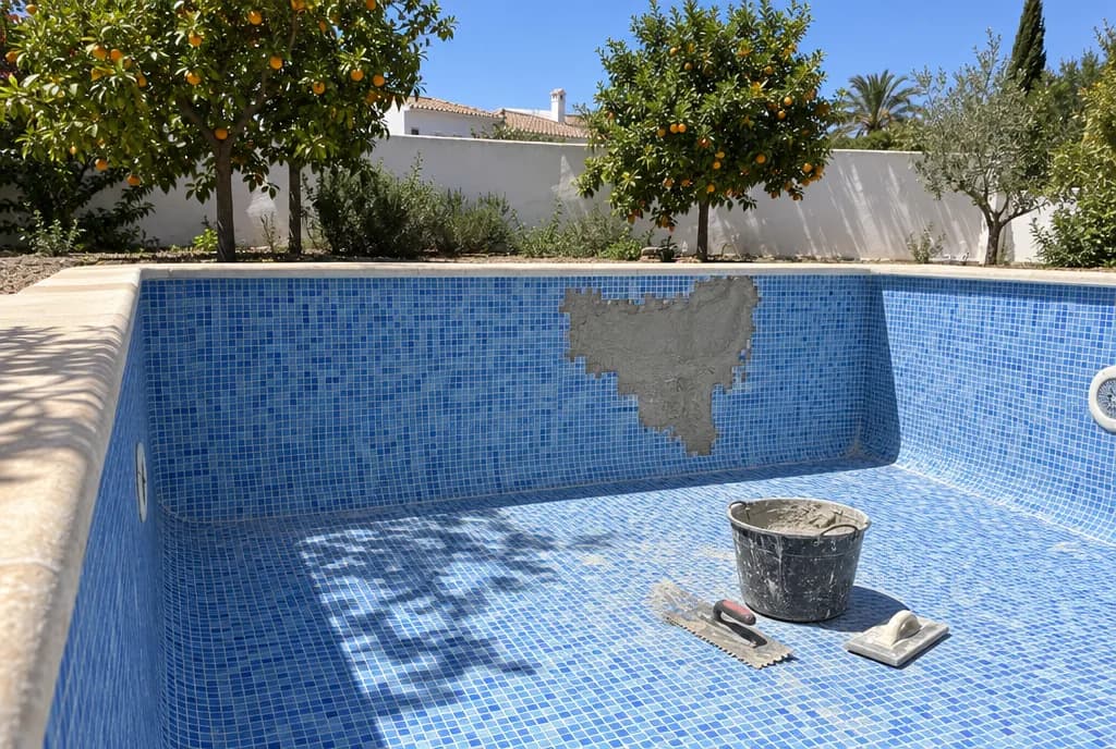 Piscina vacía con un parche sin gresite y el material de reparación en el fondo