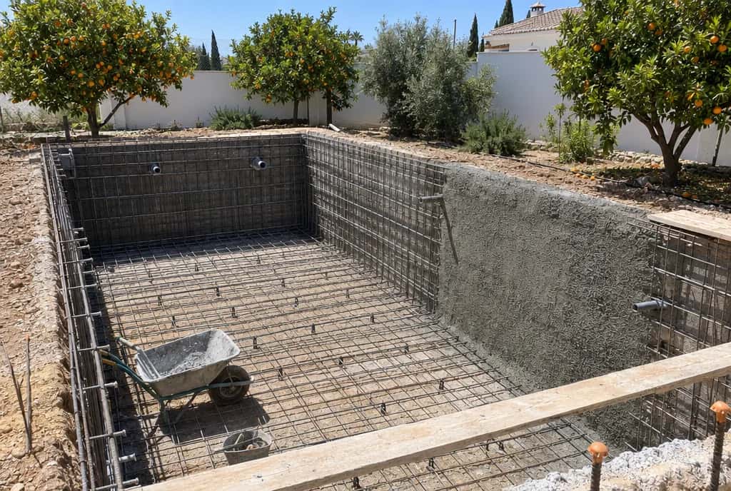 Vaso de piscina de obra en construcción, con la ferralla y una pared de hormigón proyectado