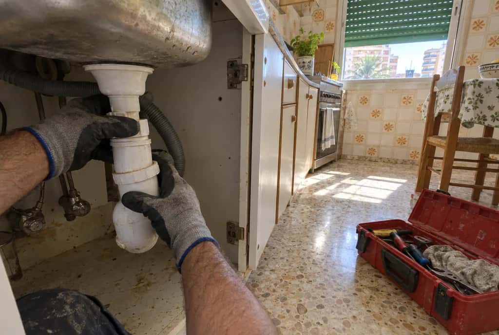 Manos con guantes aflojando el sifón de plástico bajo el fregadero de una cocina con suelo de terrazo