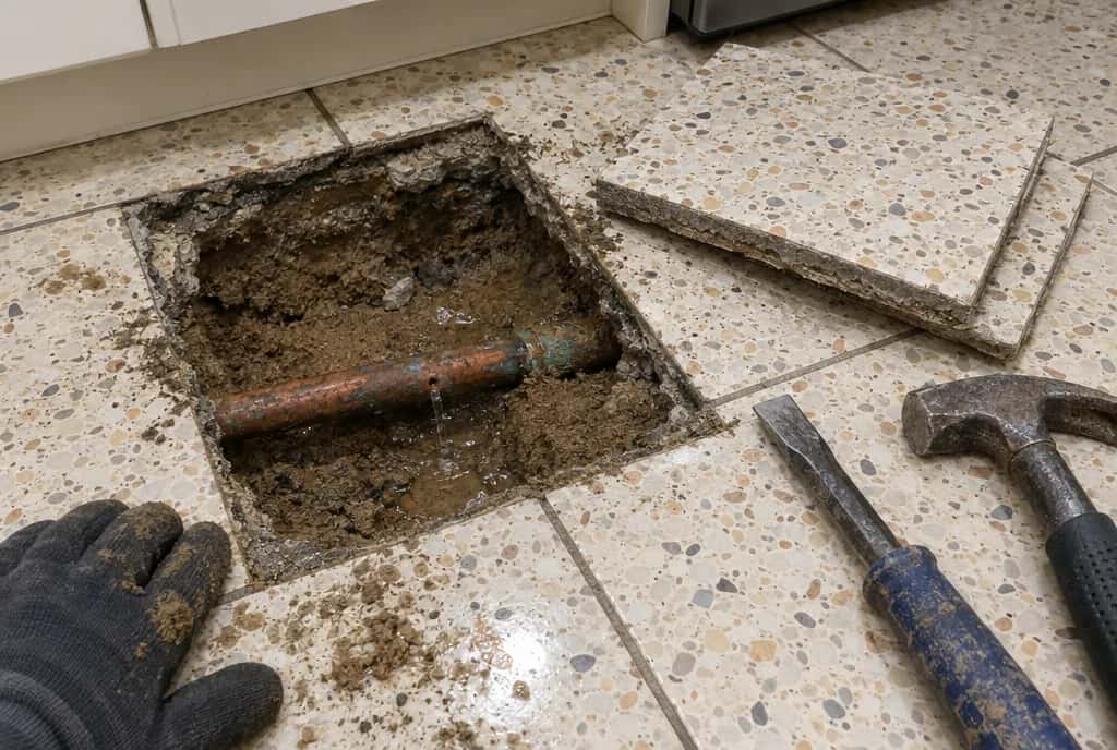 Suelo de terrazo levantado con una tubería de cobre picada debajo