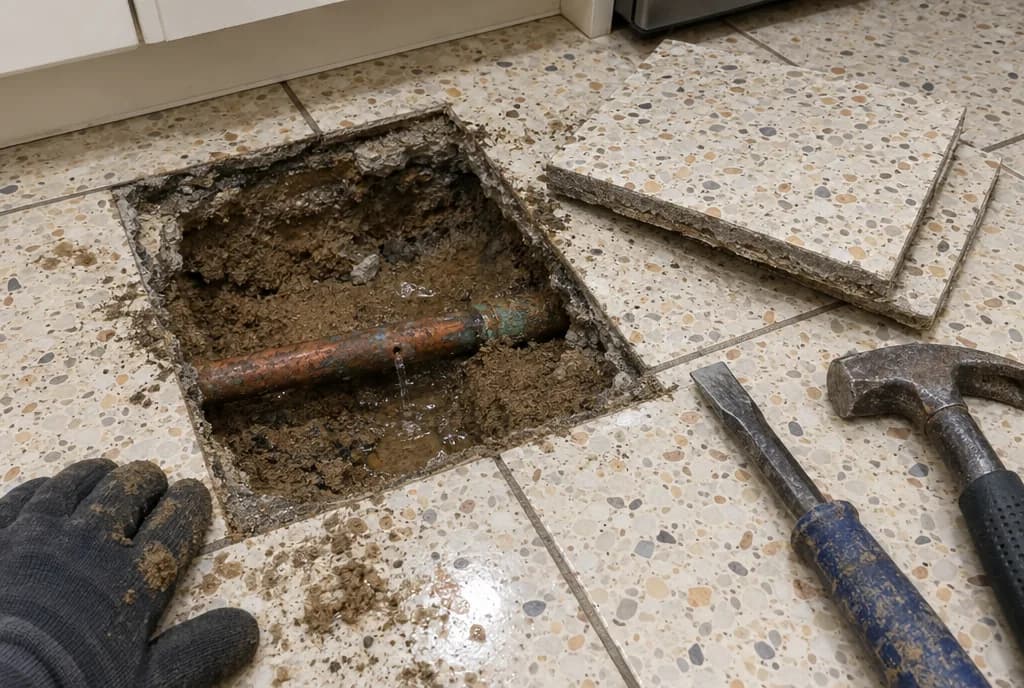 Suelo de terrazo levantado con una tubería de cobre picada debajo