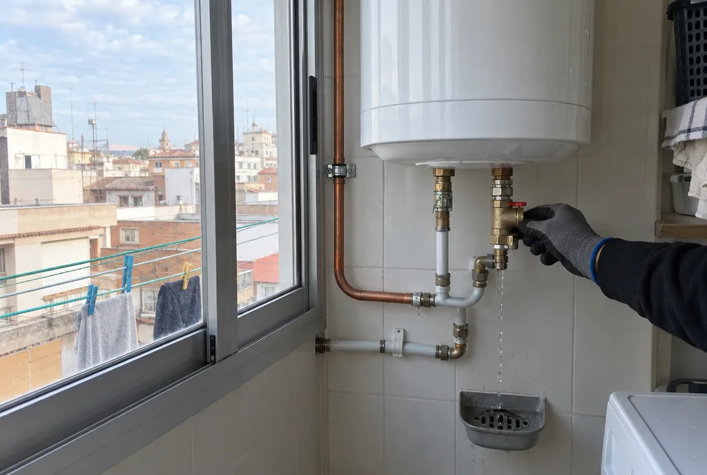 Termo eléctrico en la galería de un piso con la válvula de seguridad goteando al desagüe