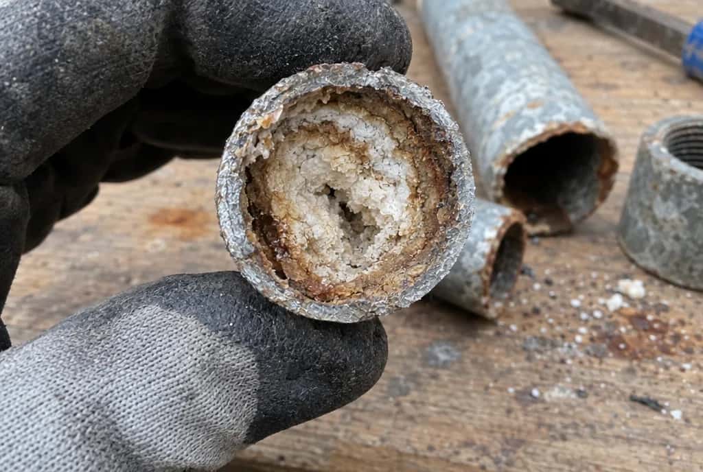 Corte de una tubería galvanizada antigua casi cerrada por la cal y el óxido
