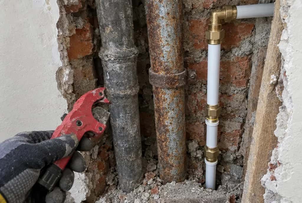 Tuberías viejas de plomo y de hierro galvanizado junto a una tubería multicapa nueva en una pared abierta