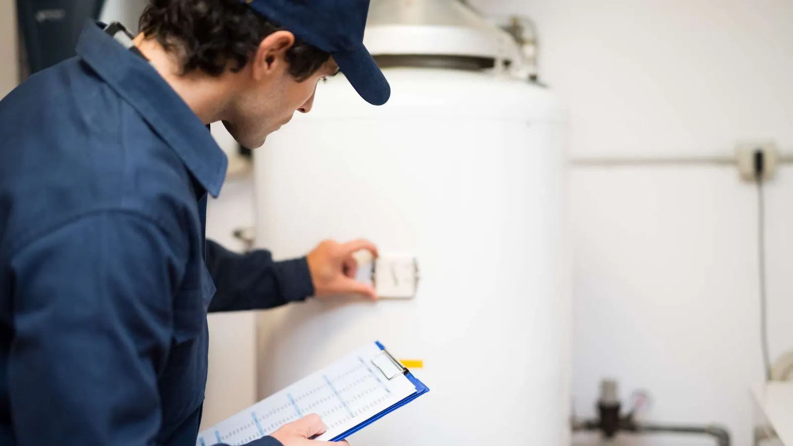 Técnico con gorra y carpeta revisando el termostato de un termo eléctrico de gran capacidad