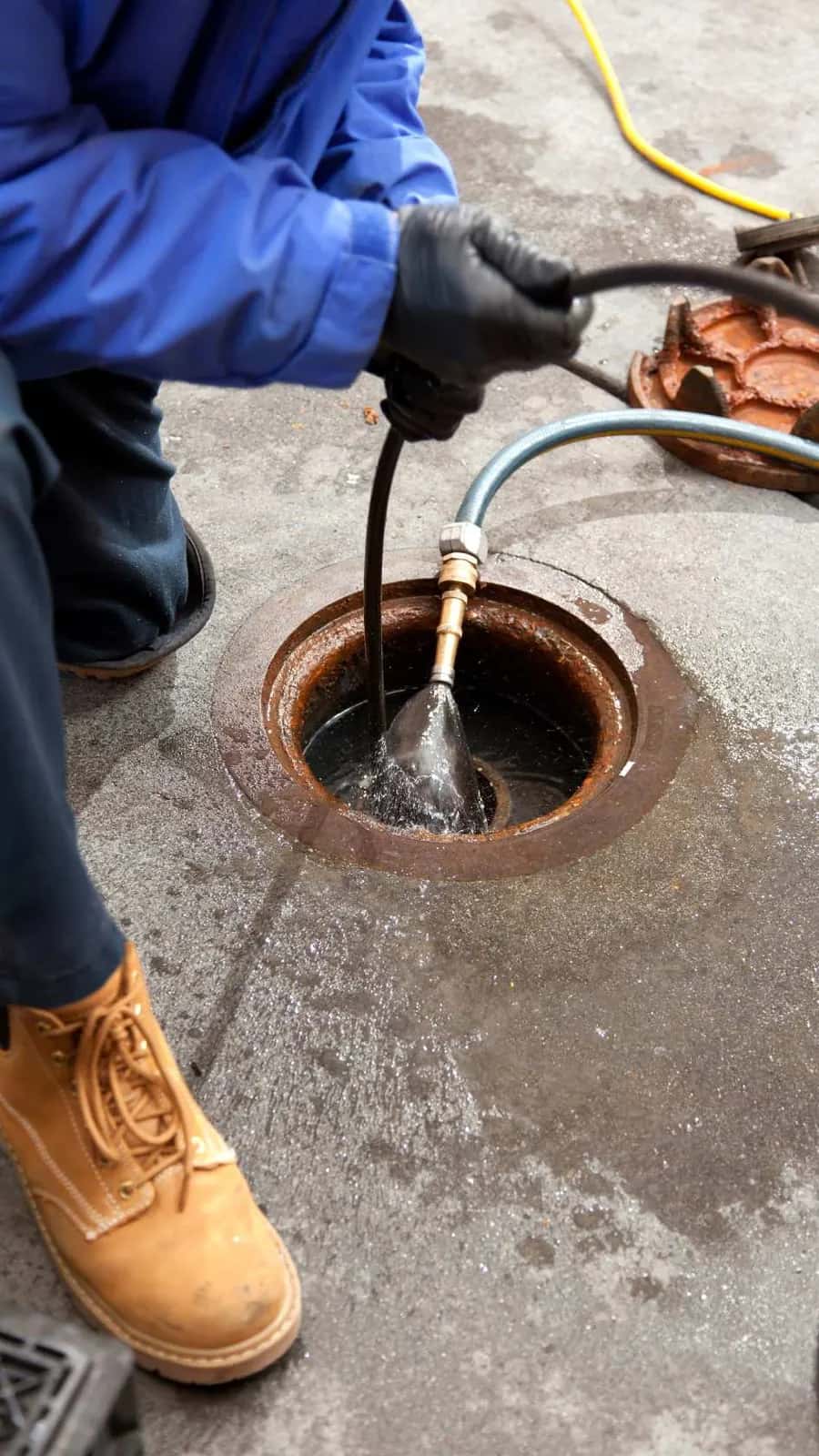 Técnico con guantes metiendo una tobera de agua a presión por un sumidero de la calle